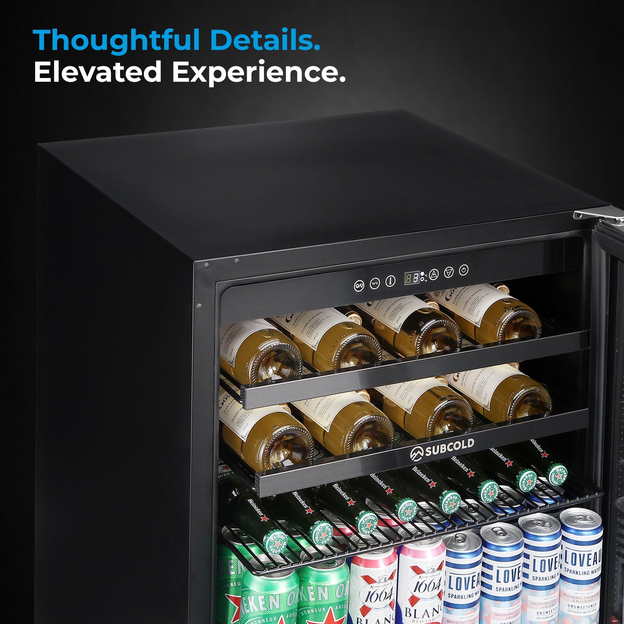 Black subcold integra60 integrated 2 in 1 drinks and wine cooler with adjustable shelves holding beer wine and cans