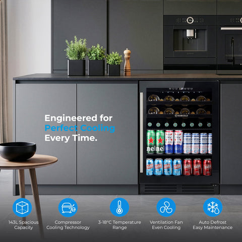 Black subcold integra60 wine and beverage cooler with glass door stainless steel handle and shelves holding canned drinks