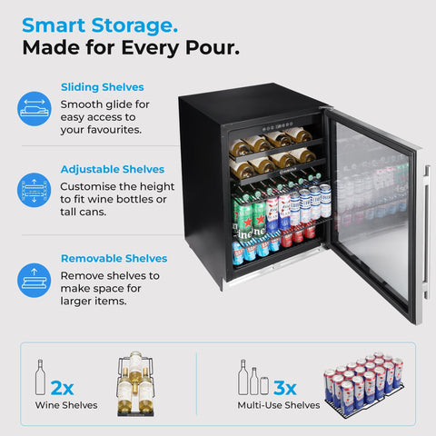 Black glass-door beverage cooler with stainless steel trim and sliding shelves by subcold integra60