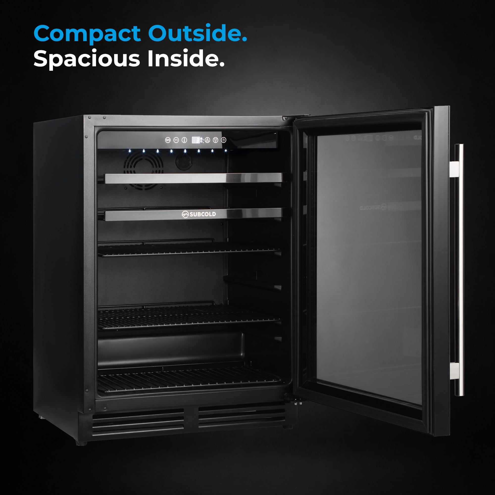 Black stainless steel subcold integra60 compact wine cooler with glass door and interior shelves for drinks storage