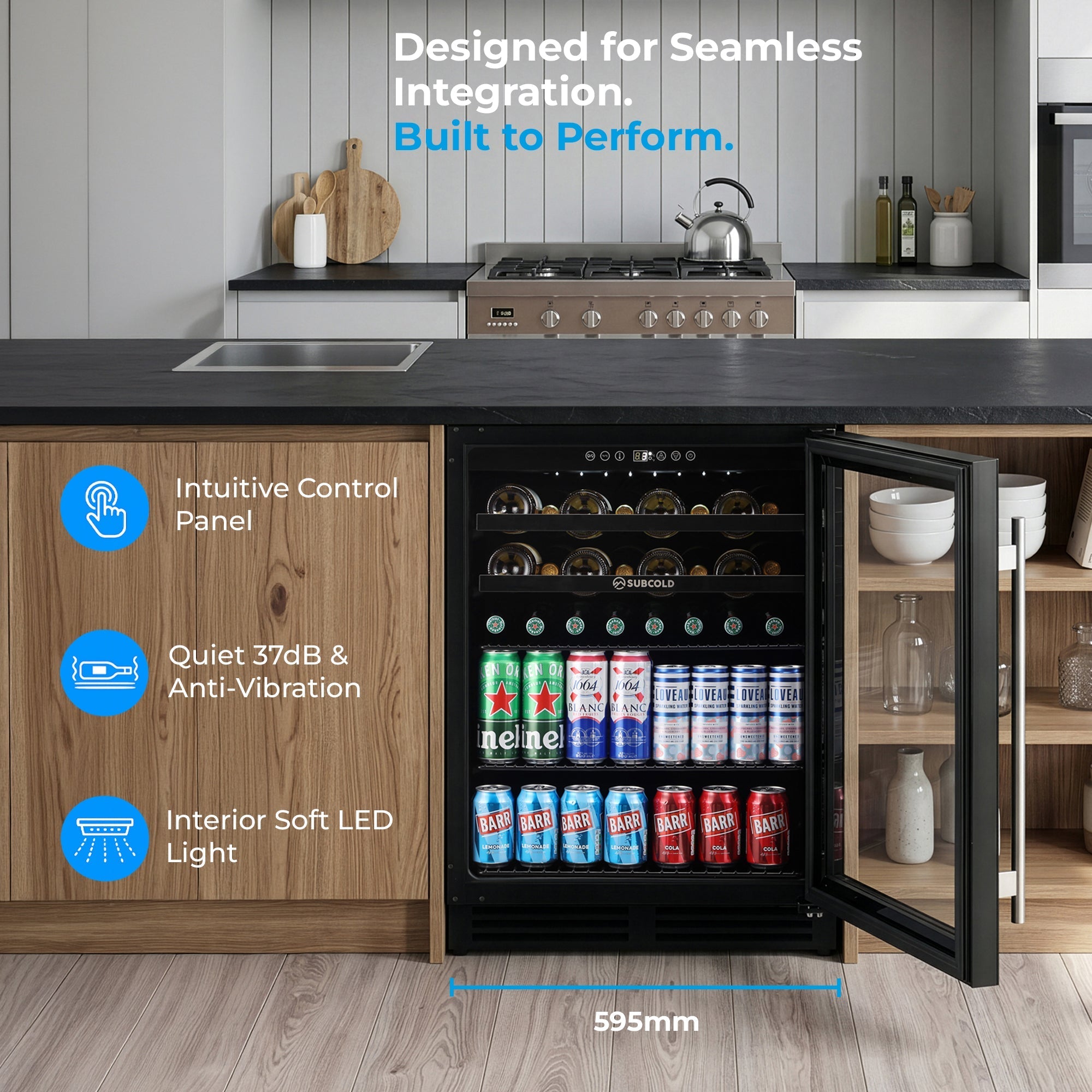 Black glass-door subcold integra60 wine and beverage cooler with stainless steel shelves wooden cabinet frame and digital panel