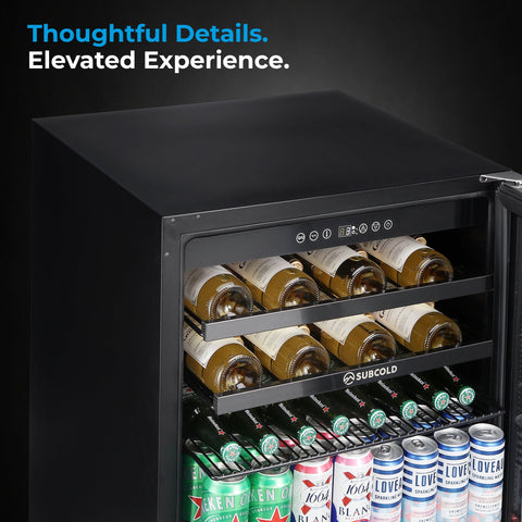 Black subcold integra60 integrated 2 in 1 drinks and wine cooler with sleek design and adjustable shelves for bottles and cans