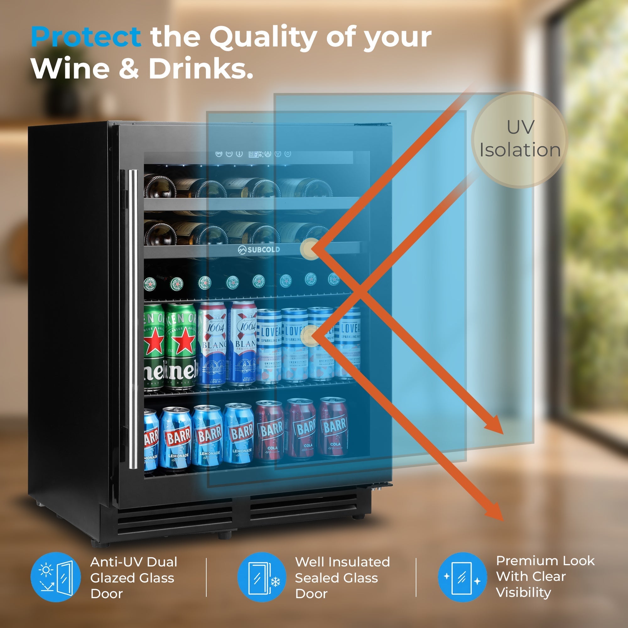 Black subcold integra60 integrated 2 in 1 drinks and wine cooler with glass door displaying beer cans and bottles inside