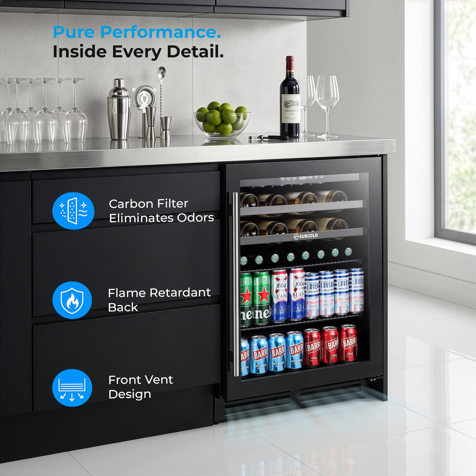 Black subcold integra60 integrated 2 in 1 drinks and wine cooler with glass door stainless steel handle and interior shelves