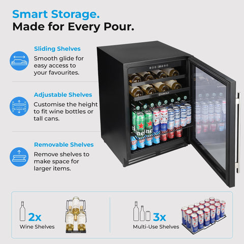 Black subcold integra60 mini beverage fridge with glass door and adjustable shelves for drinks and wine cooling