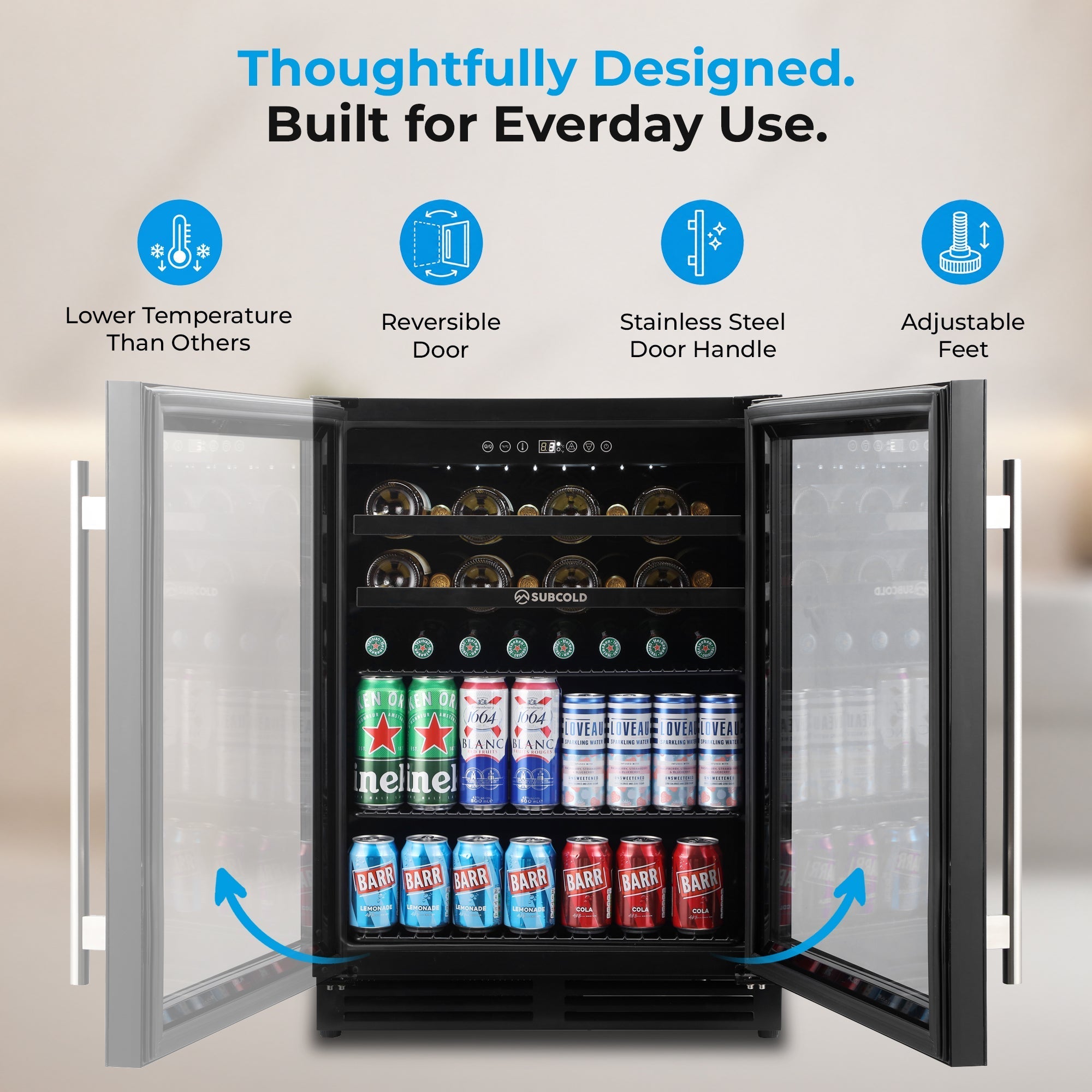 Black stainless steel subcold integra60 dual-door beverage cooler with glass doors and adjustable feet for drinks and wine