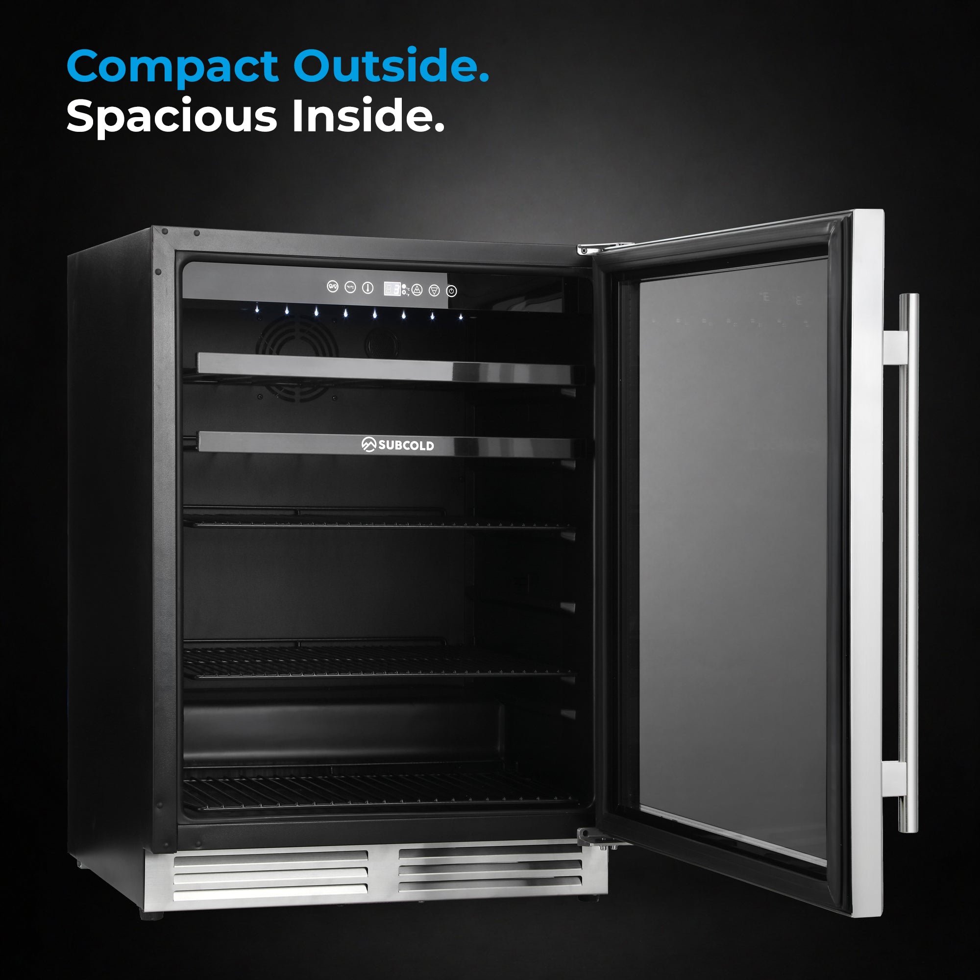 Subcold integra60 black and stainless steel compact wine cooler with glass door, interior shelves, and digital control panel