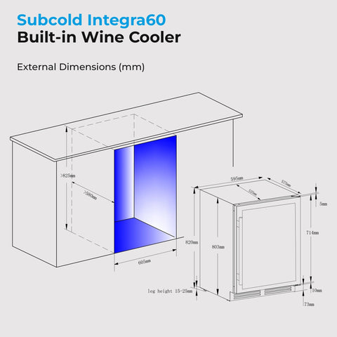 Subcold integra60 integrated 2 in 1 drinks and wine cooler with sleek stainless steel finish and blue interior lighting