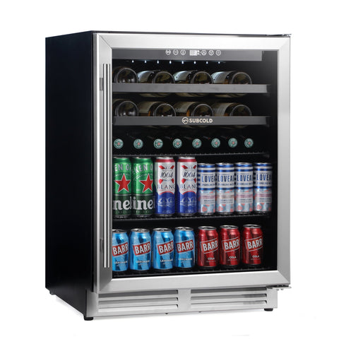 Stainless steel and black framed subcold integra60 drinks and wine cooler with glass door and illuminated shelves full of beer