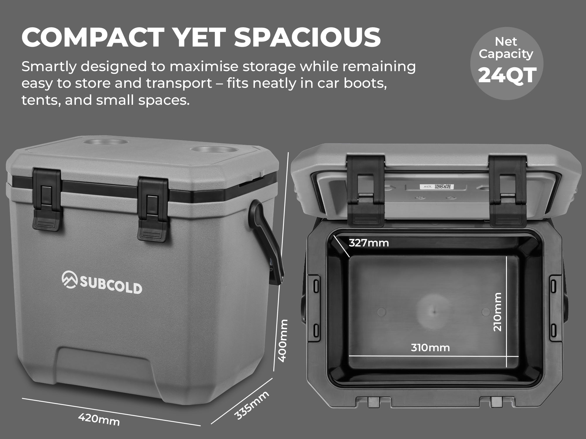 Gray subcold master24 cool box with black latches and handle designed for portable storage and easy transport