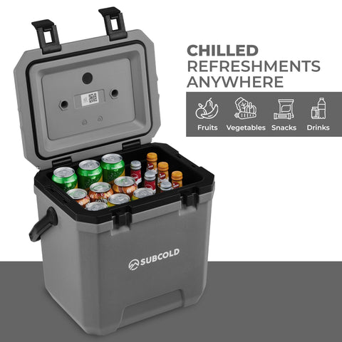 Gray subcold master24 cool box with black handles filled with canned drinks for easy outdoor refreshment