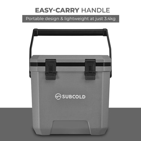 Gray subcold master24 cool box with black handle and latches perfect for keeping items cold on the go
