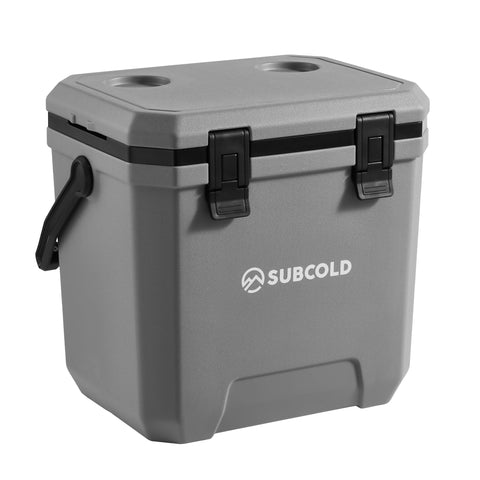 Gray subcold master24 cool box with rugged plastic exterior black latches and handle for secure storage