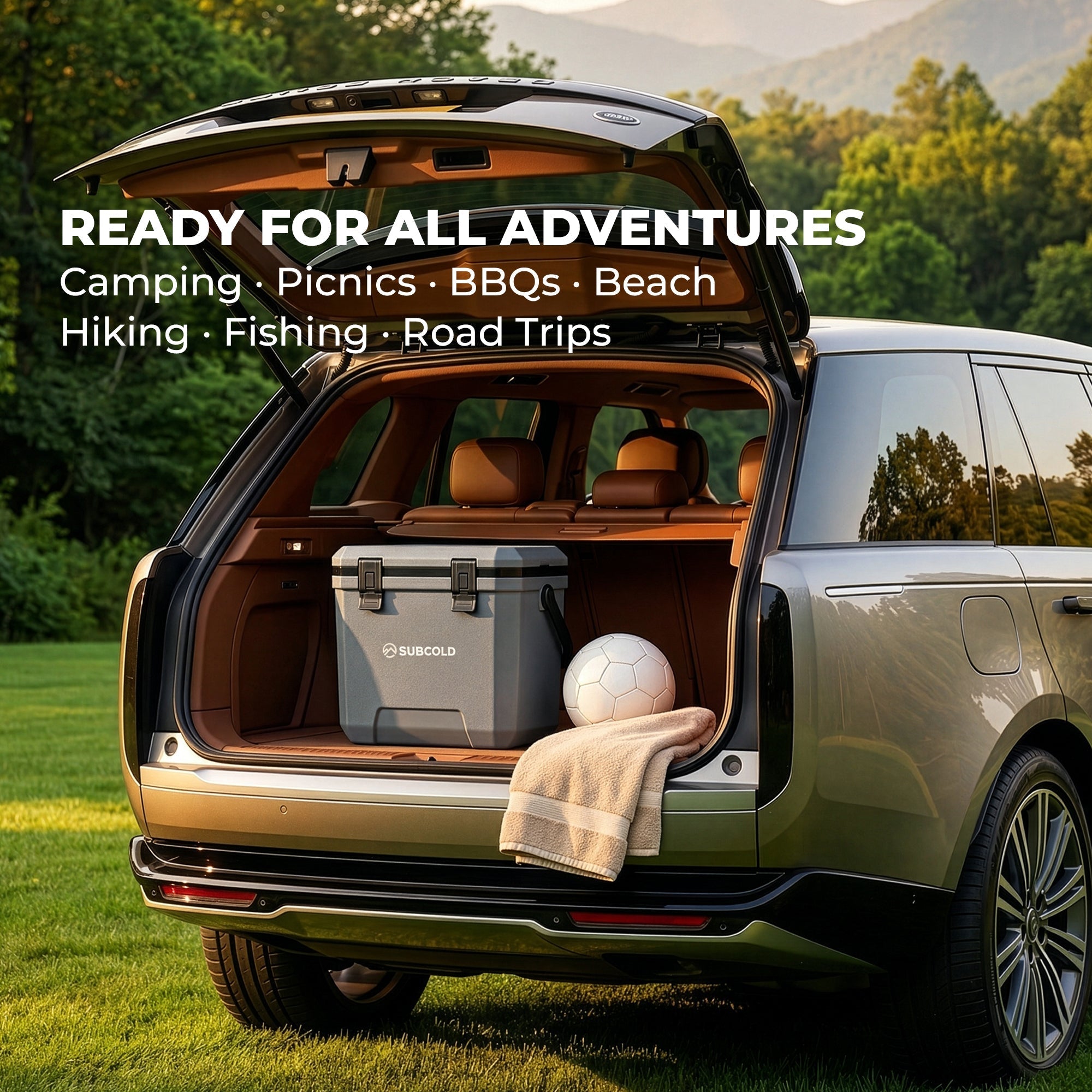 Gray subcold master24 cool box with black latches and logo in the open trunk of an suv for easy transport