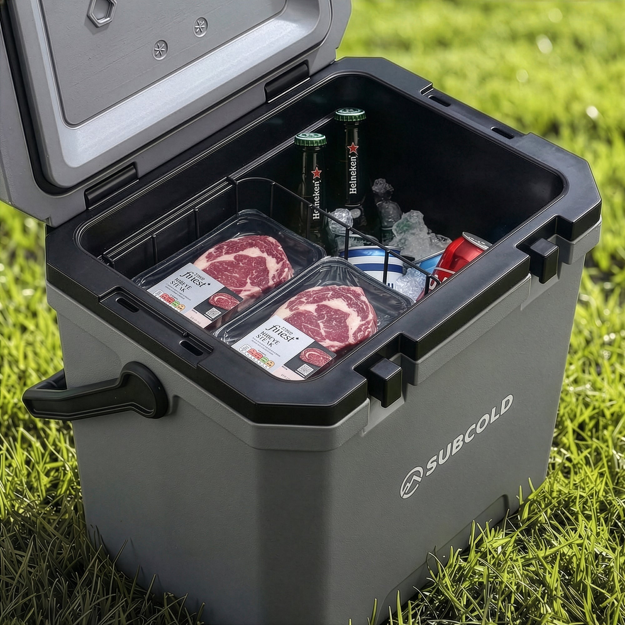 Gray and black subcold master24 cool box with rugged design, reinforced corners, and sturdy handles for heavy use