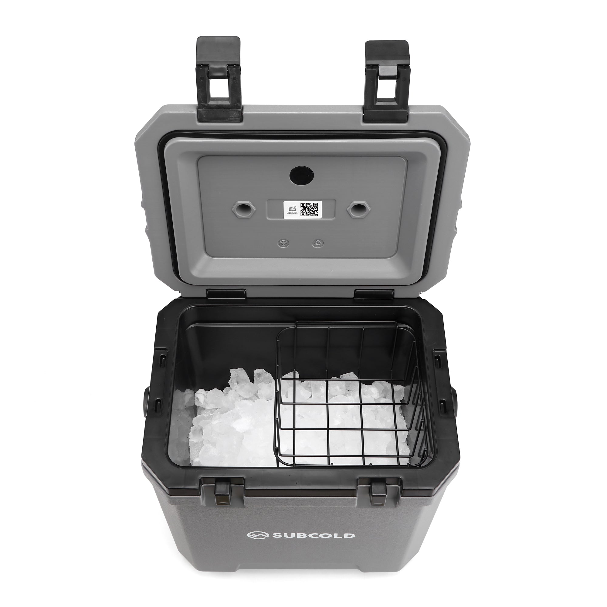 Gray subcold master24 cool box with black accents and wire basket filled with ice for storage and cooling