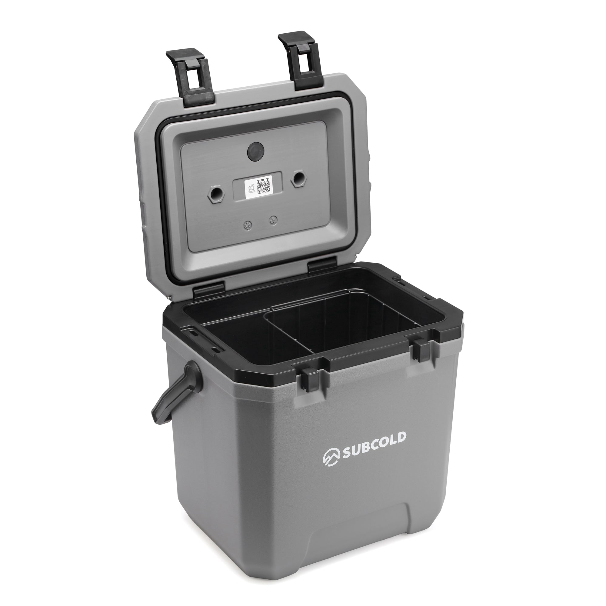 Gray subcold master24 cool box with black accents and dual compartments under a hinged lid for organized storage