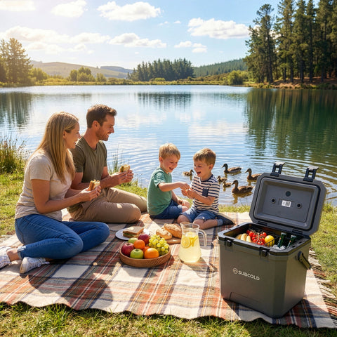 Gray subcold master24 cool box with sturdy lid and handle filled with chilled drinks and food for outdoor use