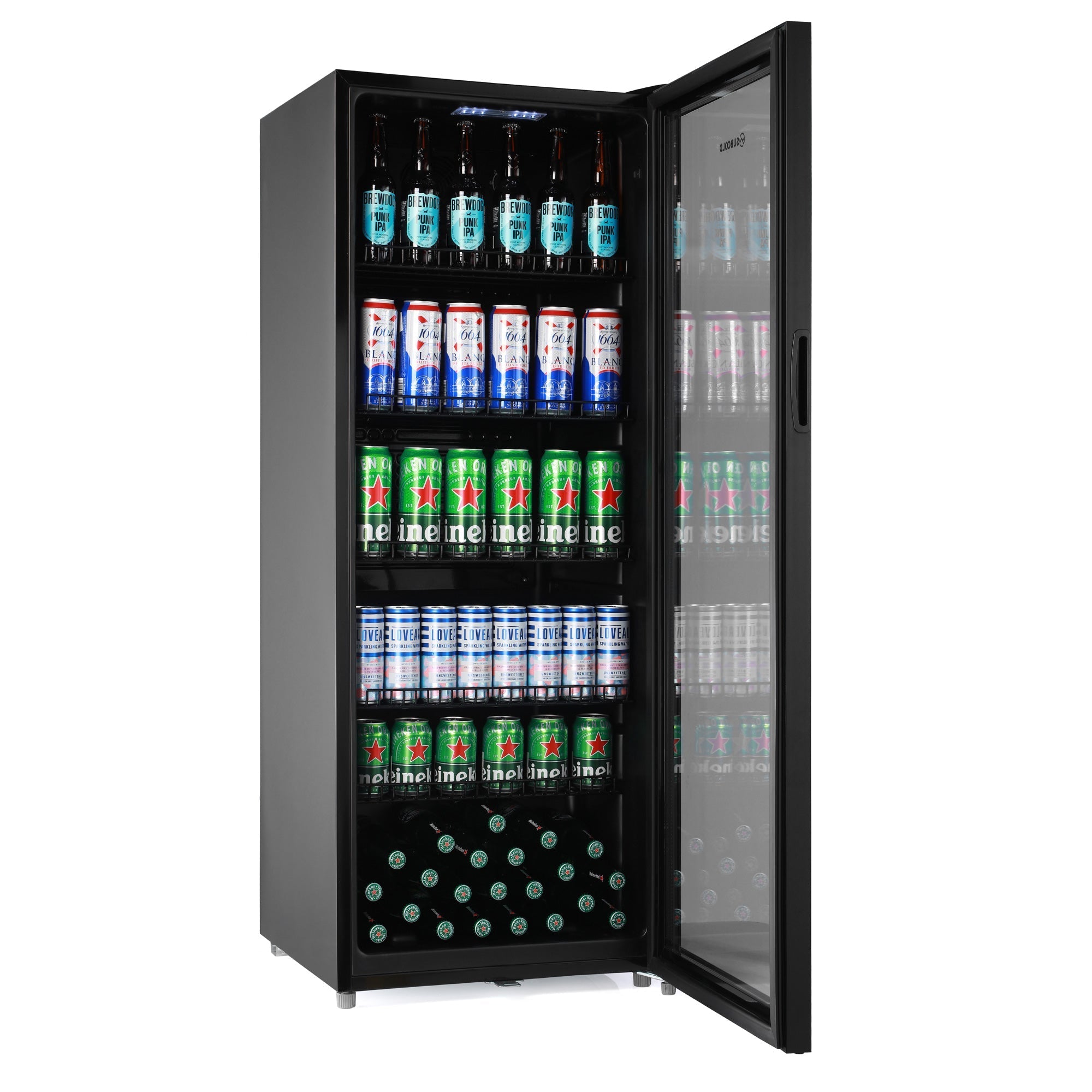 Black Subcold maxi250 tall drinks fridge with glass door stocked with assorted beer cans and bottles for cold storage