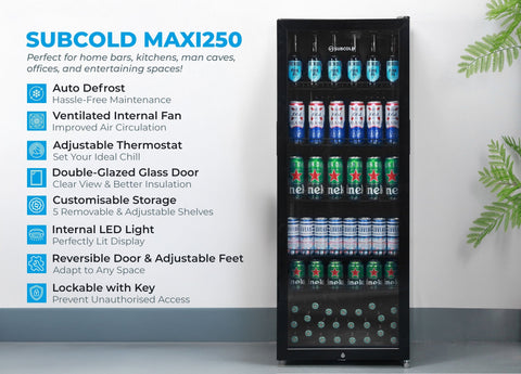 Black glass-door subcold maxi250 tall drinks fridge with adjustable shelves and bright led lighting for tall drinks
