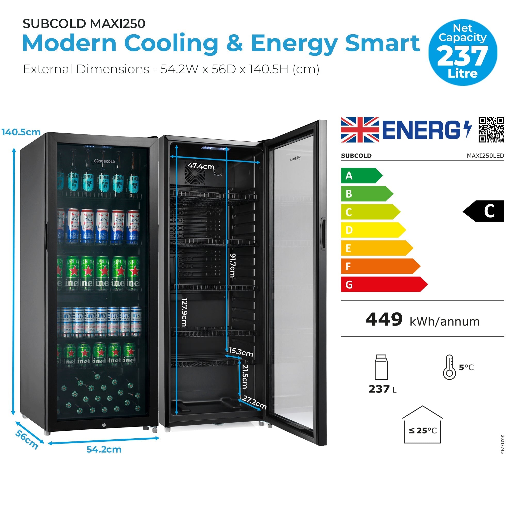 Black subcold maxi250led tall drinks fridge with glass door silver trim and shelves for efficient cooling