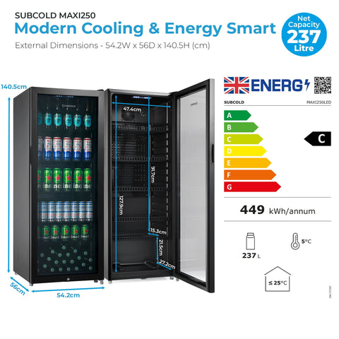 Black subcold maxi250led tall drinks fridge with glass door silver trim and shelves for efficient cooling