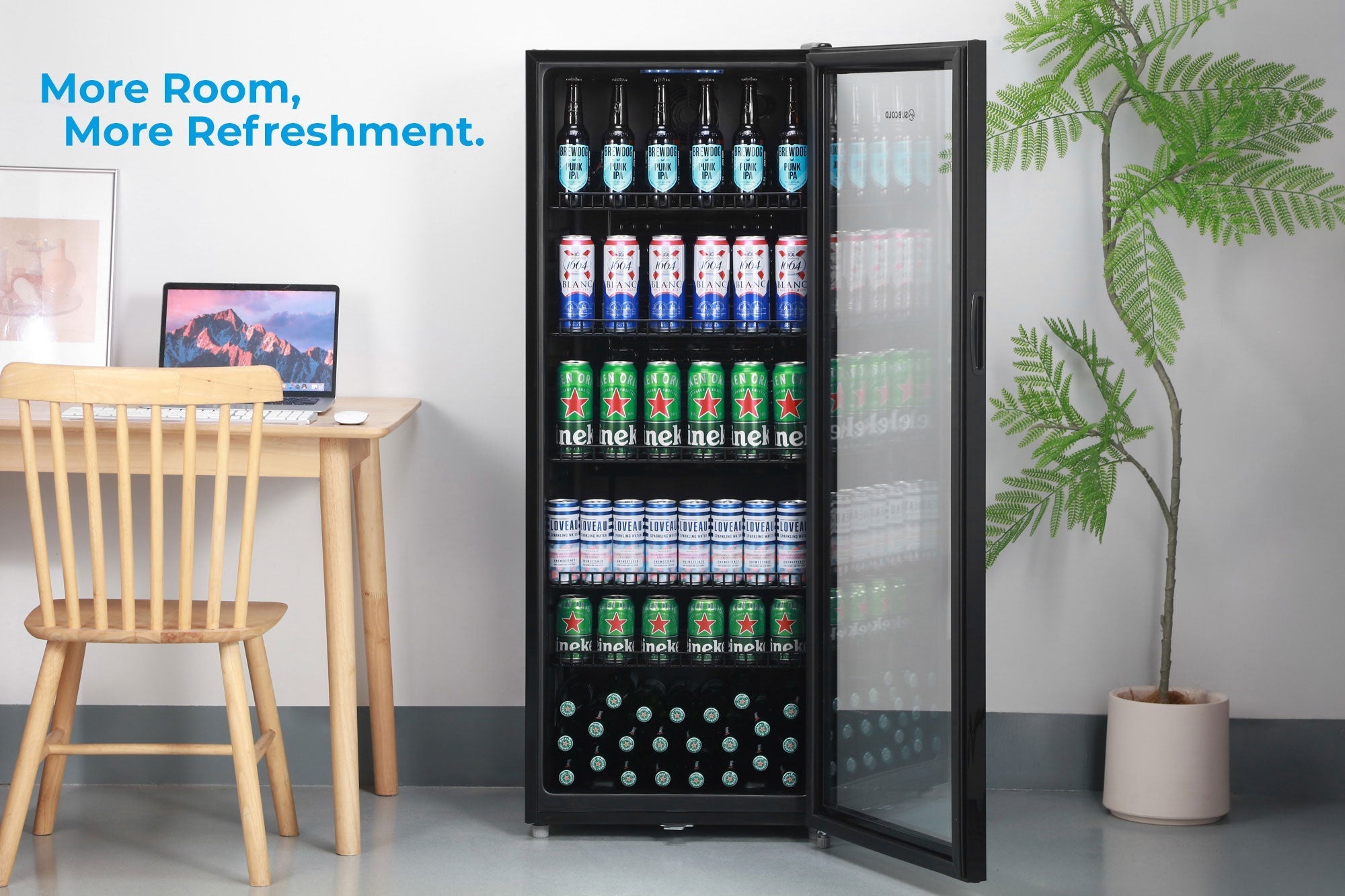 Black glass-door tall drinks fridge subcold maxi250led stocked with assorted beer cans and bottles