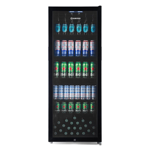 Black glass-door subcold maxi250 tall drinks fridge with multiple shelves holding beer cans and bottles