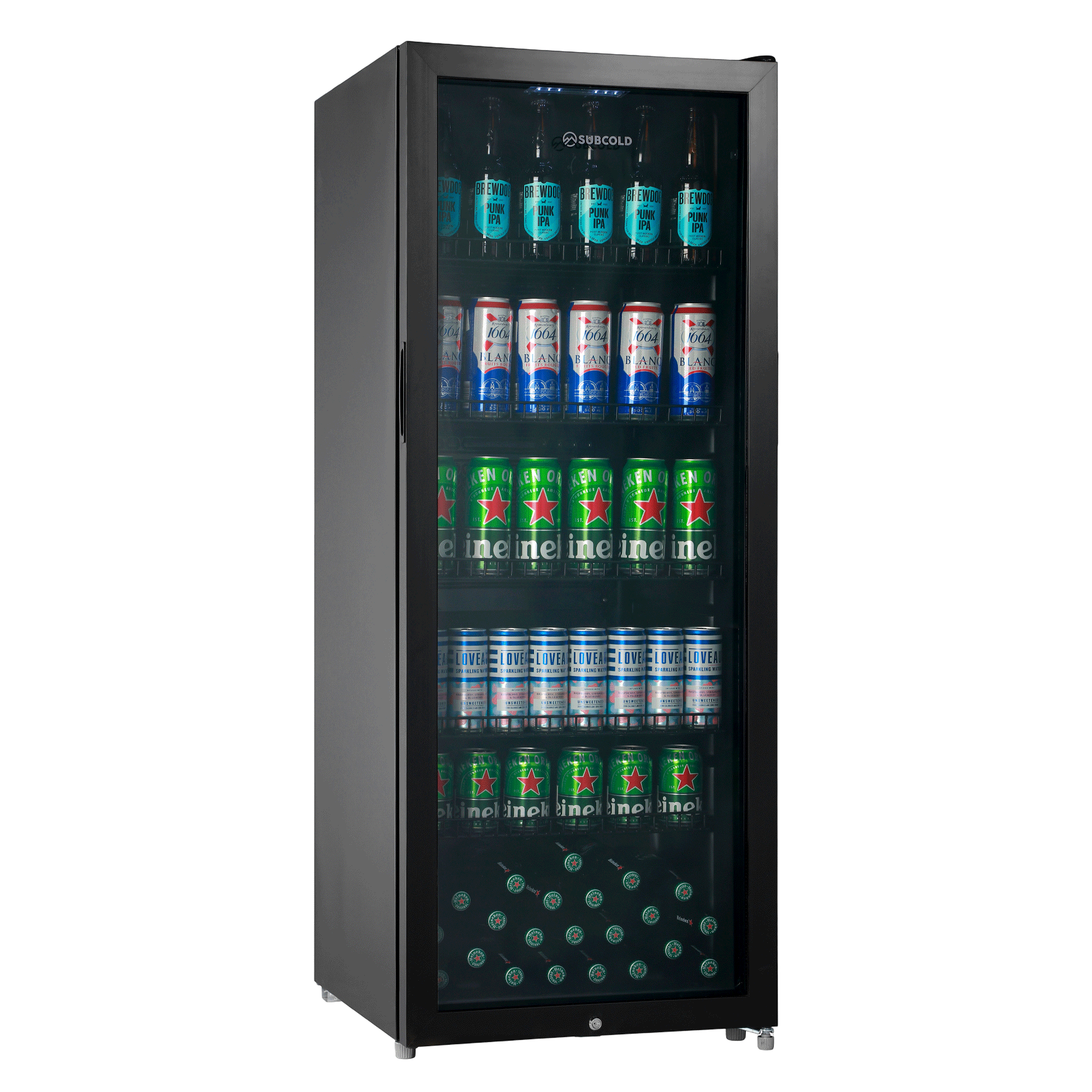 Black subcold maxi250led tall drinks fridge with glass door and illuminated interior packed with beer cans