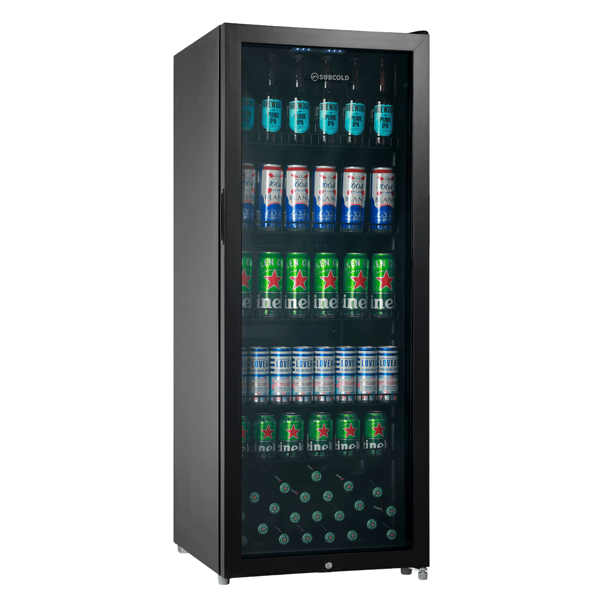 Black subcold maxi250led tall drinks fridge with glass door and illuminated interior packed with beer cans