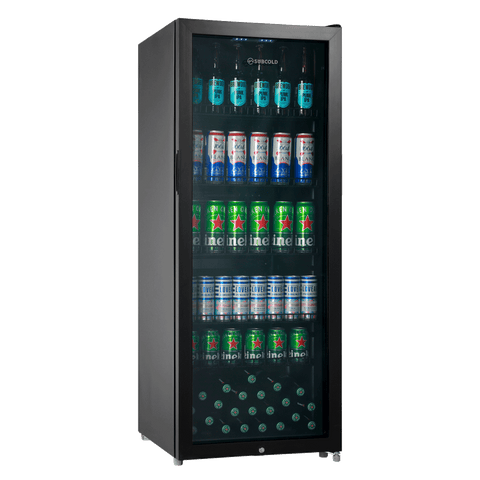 Black subcold maxi250led tall drinks fridge with glass door and illuminated interior packed with beer cans