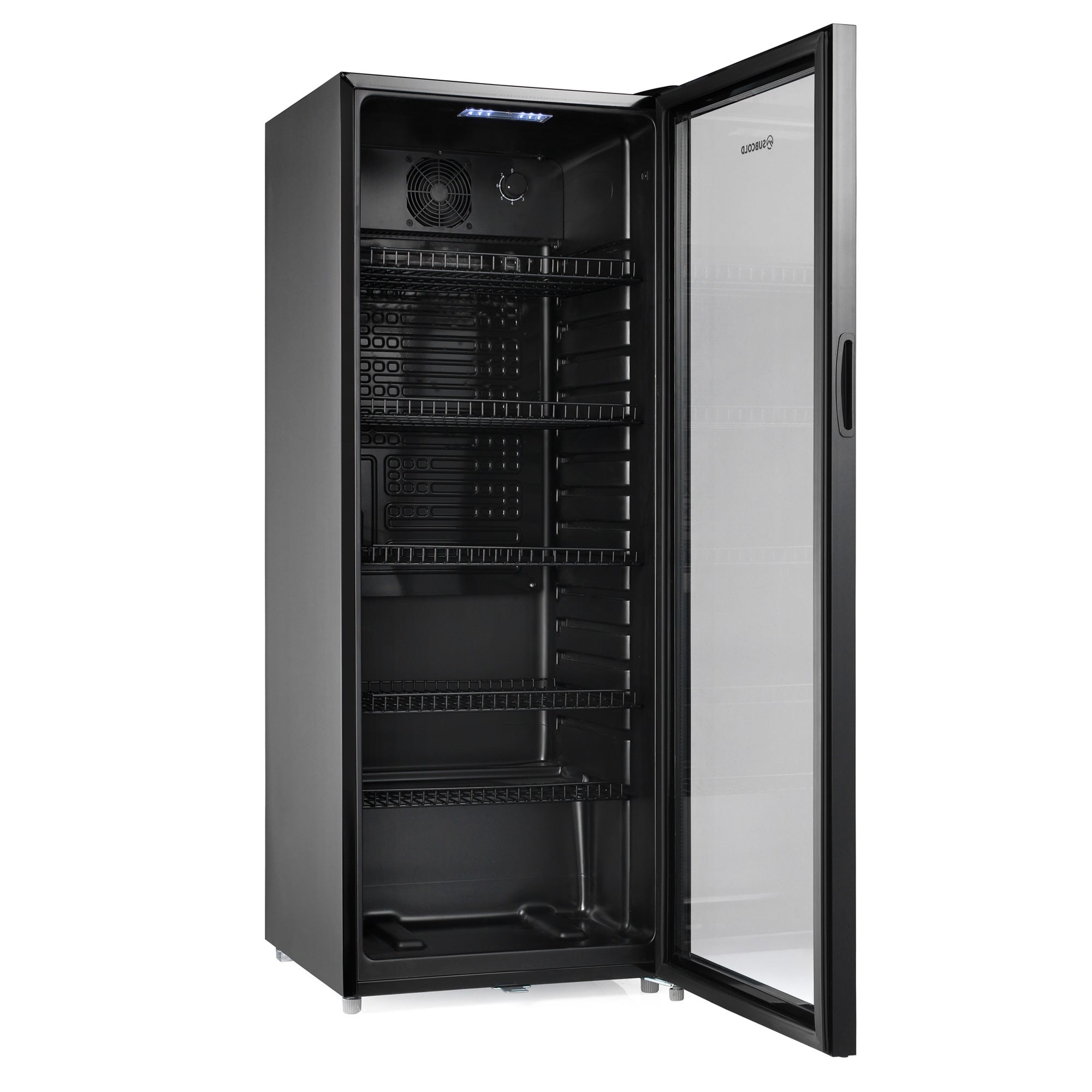 Subcold maxi250 tall drinks fridge black with glass door, multiple adjustable shelves, and internal fan visible