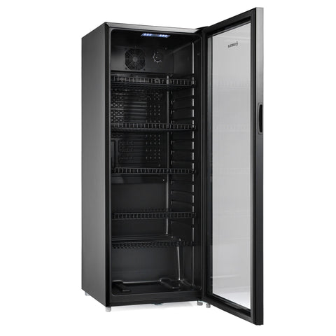 Subcold maxi250 tall drinks fridge black with glass door, multiple adjustable shelves, and internal fan visible