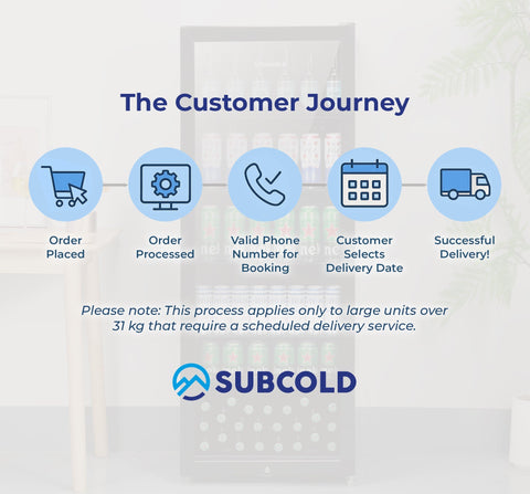 Subcold logo with stylized mountain in blue and white on the black subcold maxi250led tall drinks fridge