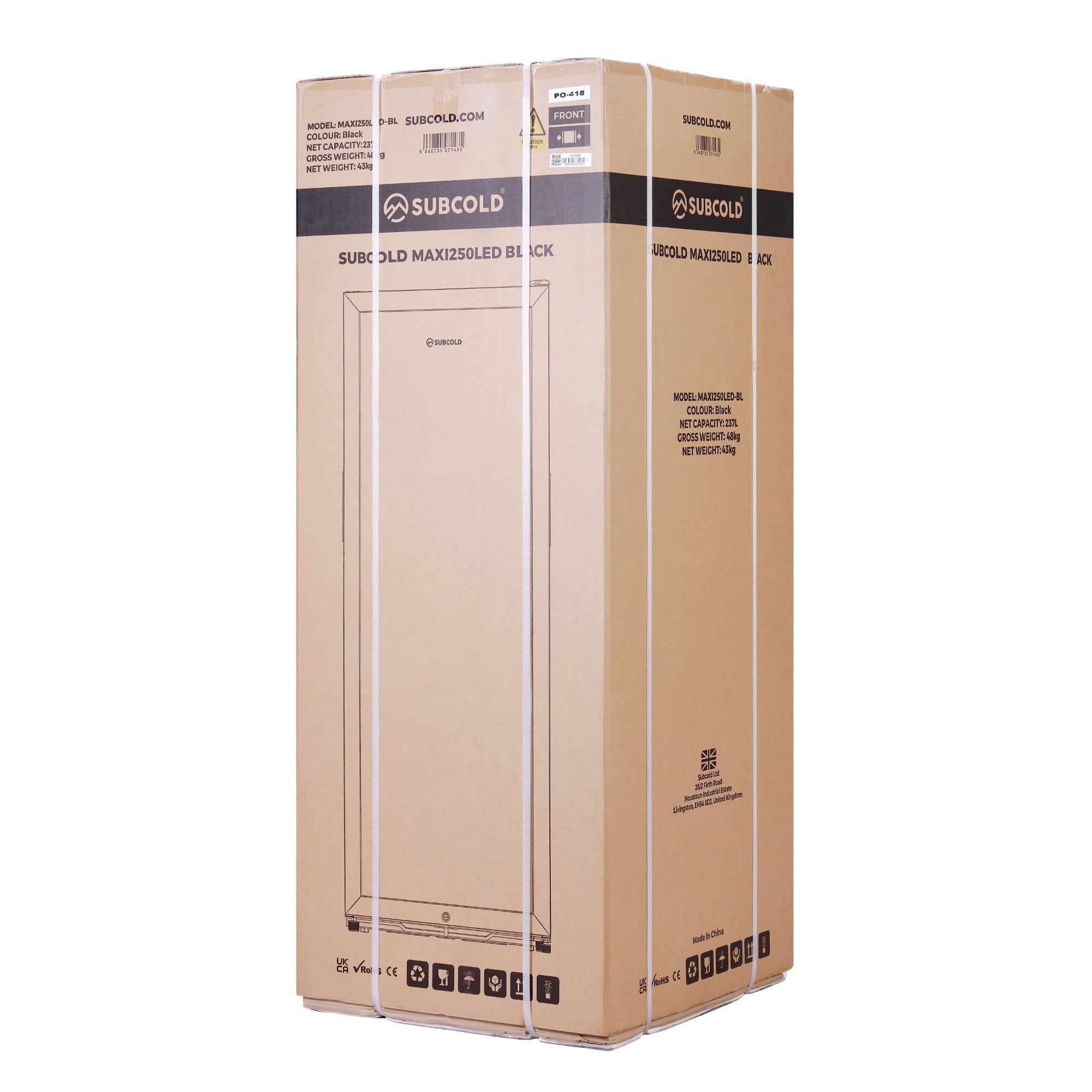 Black Subcold maxi250led tall drinks fridge packaging in beige cardboard with bold branding and specs printed