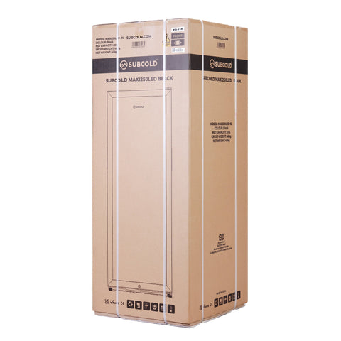 Black Subcold maxi250led tall drinks fridge packaging in beige cardboard with bold branding and specs printed