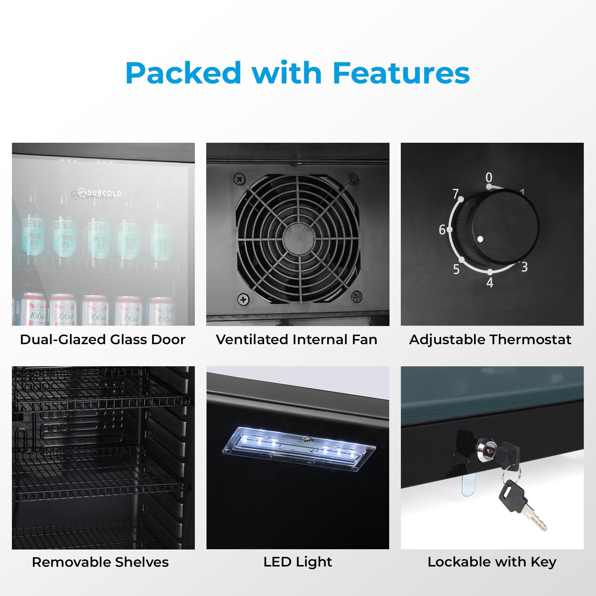 Black Subcold maxi250led tall drinks fridge with dual-glazed glass door, led light, key lock, and adjustable thermostat dial
