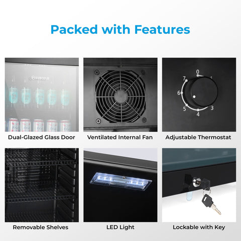 Black Subcold maxi250led tall drinks fridge with dual-glazed glass door, led light, key lock, and adjustable thermostat dial