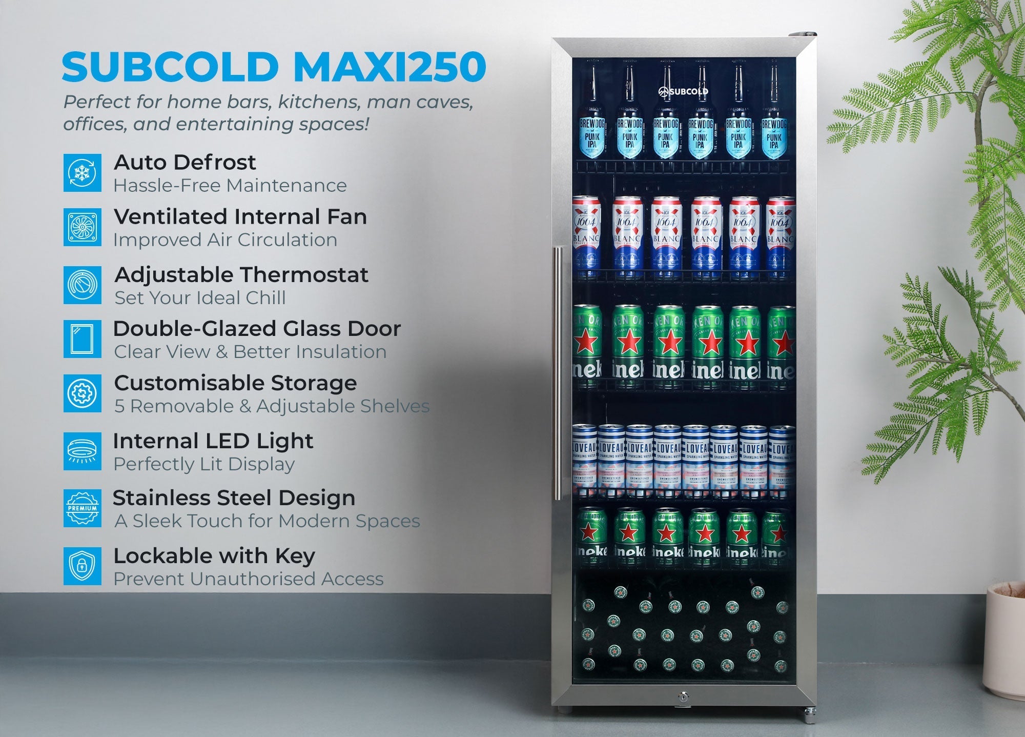 Stainless steel subcold maxi250 tall drinks fridge with double-glazed glass door and internal maxi250led lighting