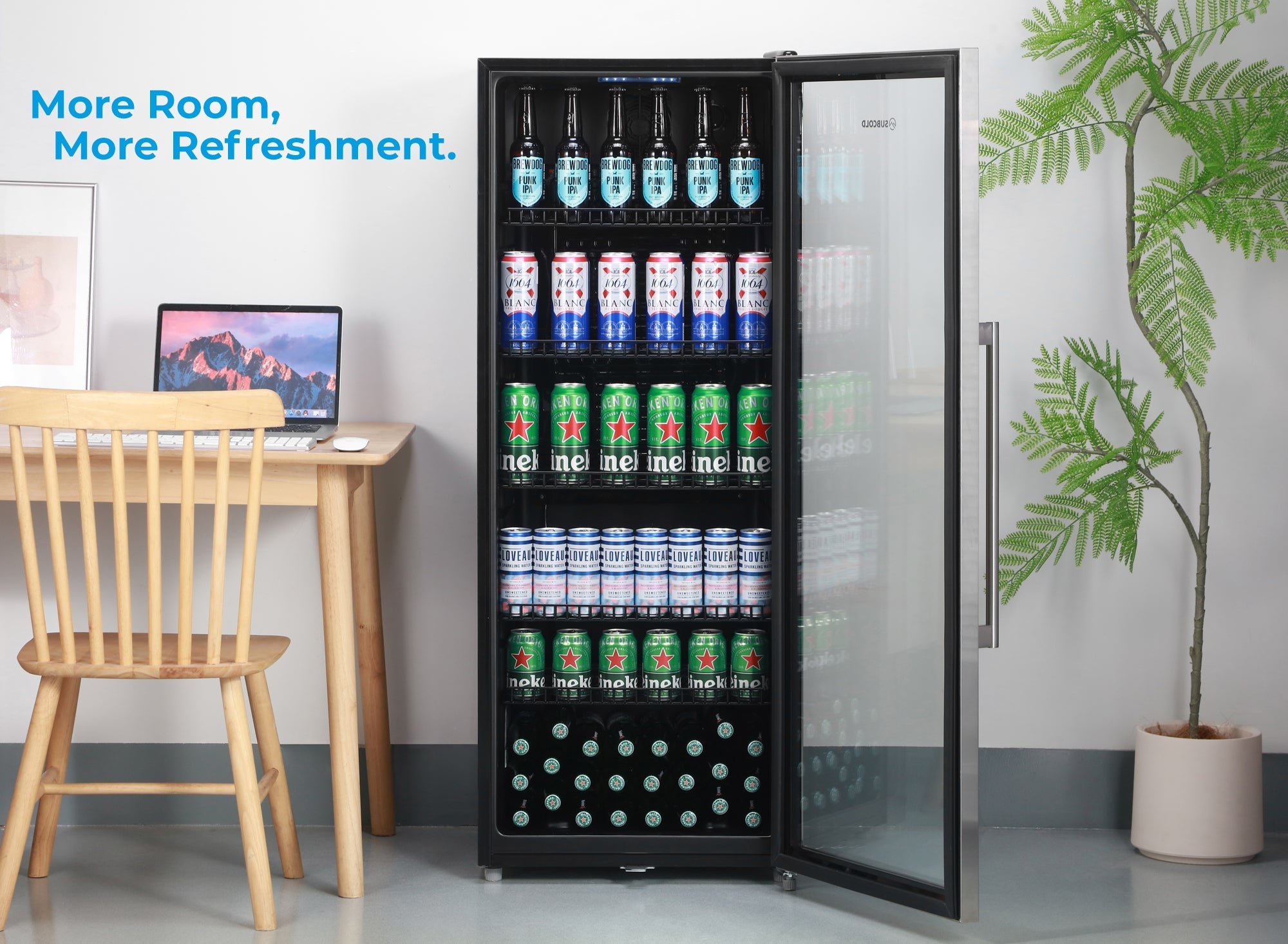 Black glass-door tall drinks fridge subcold maxi250led stainless steel filled with assorted beer cans and bottles