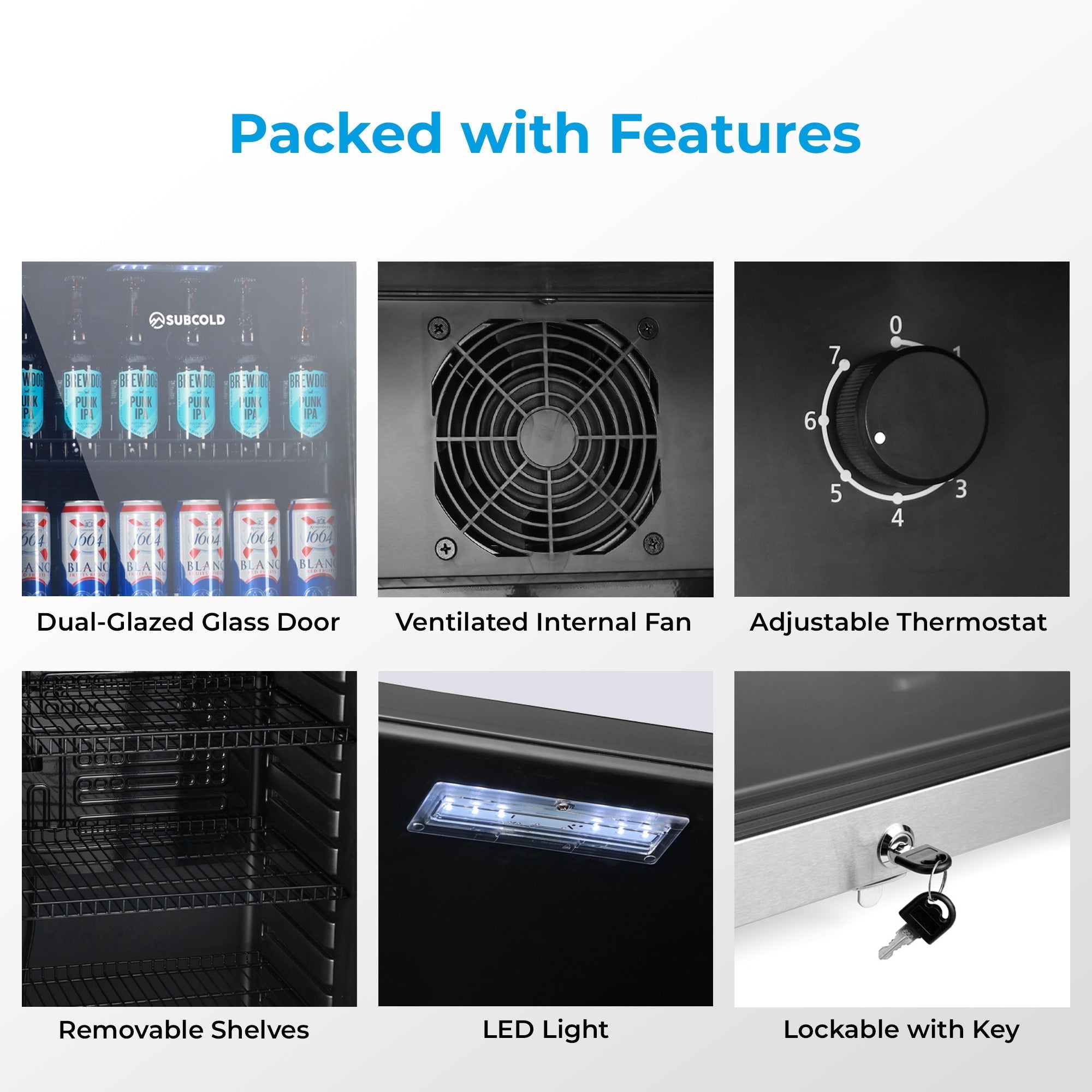 Black subcold maxi250led tall drinks fridge stainless steel with dual-glazed door ventilated fan and key-lock
