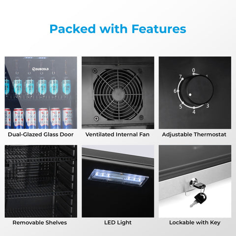 Black subcold maxi250led tall drinks fridge stainless steel with dual-glazed door ventilated fan and key-lock
