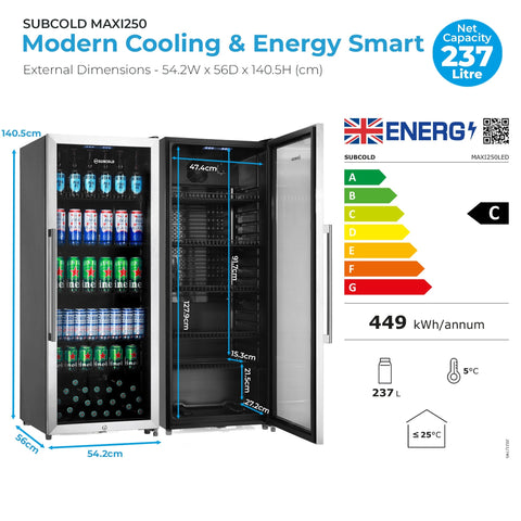 Black and silver subcold maxi250 tall drinks fridge with glass doors stainless steel frame and adjustable shelves