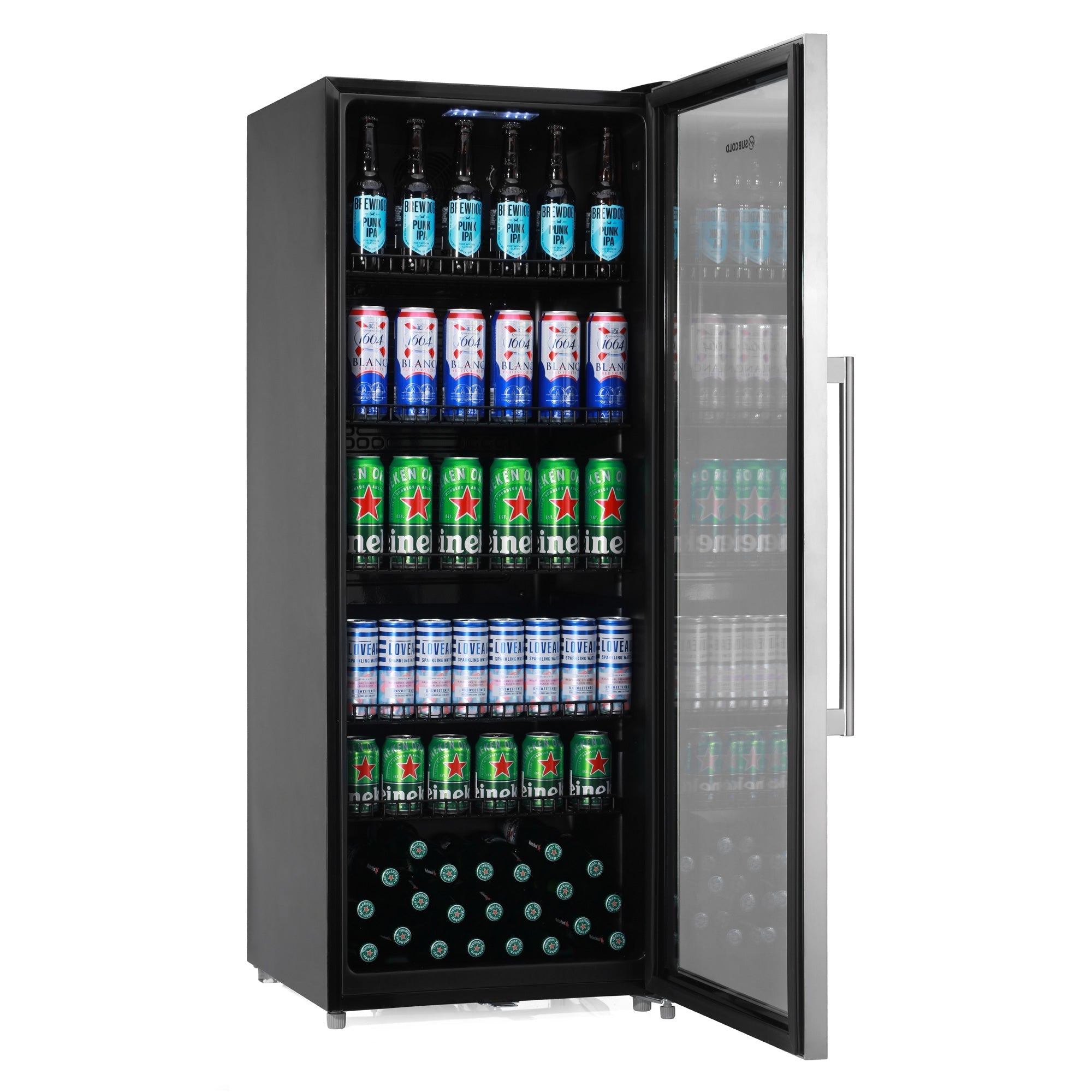 Black and silver stainless steel subcold maxi250led tall drinks fridge with glass door and shelves full of beer cans and bottles