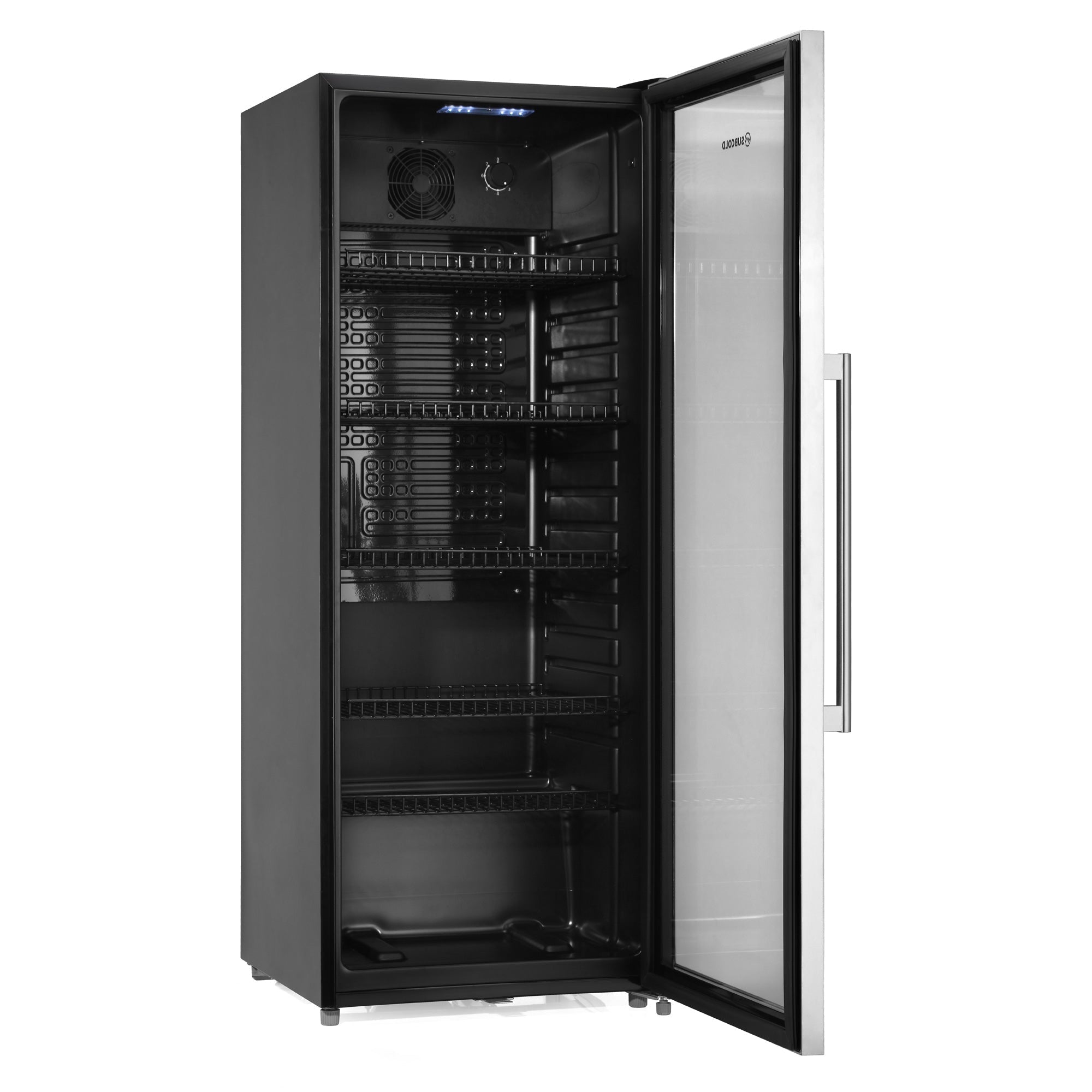 Subcold Maxi250 tall drinks fridge in black and stainless steel with glass door adjustable shelves and interior lighting