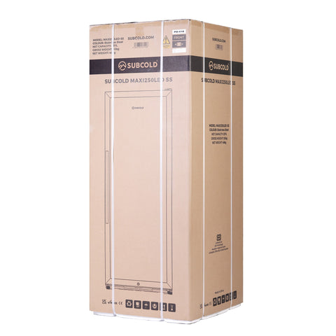 Subcold maxi250led tall drinks fridge in stainless steel packed in beige box with black branding and model details