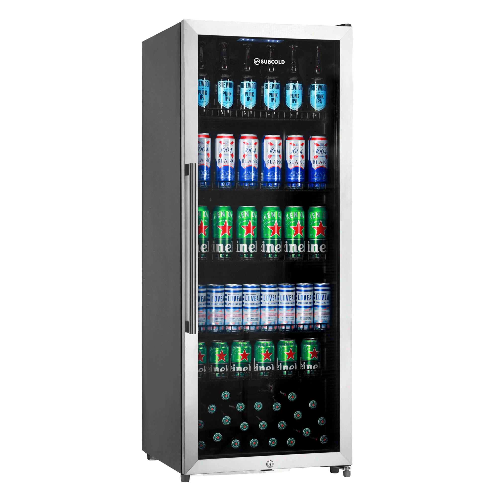 Silver framed subcold maxi250led tall drinks fridge with glass door and shelves stocked with beer cans