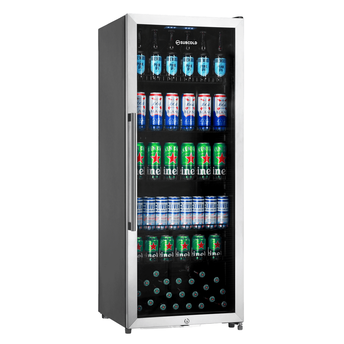 Silver framed subcold maxi250led tall drinks fridge with glass door and shelves stocked with beer cans