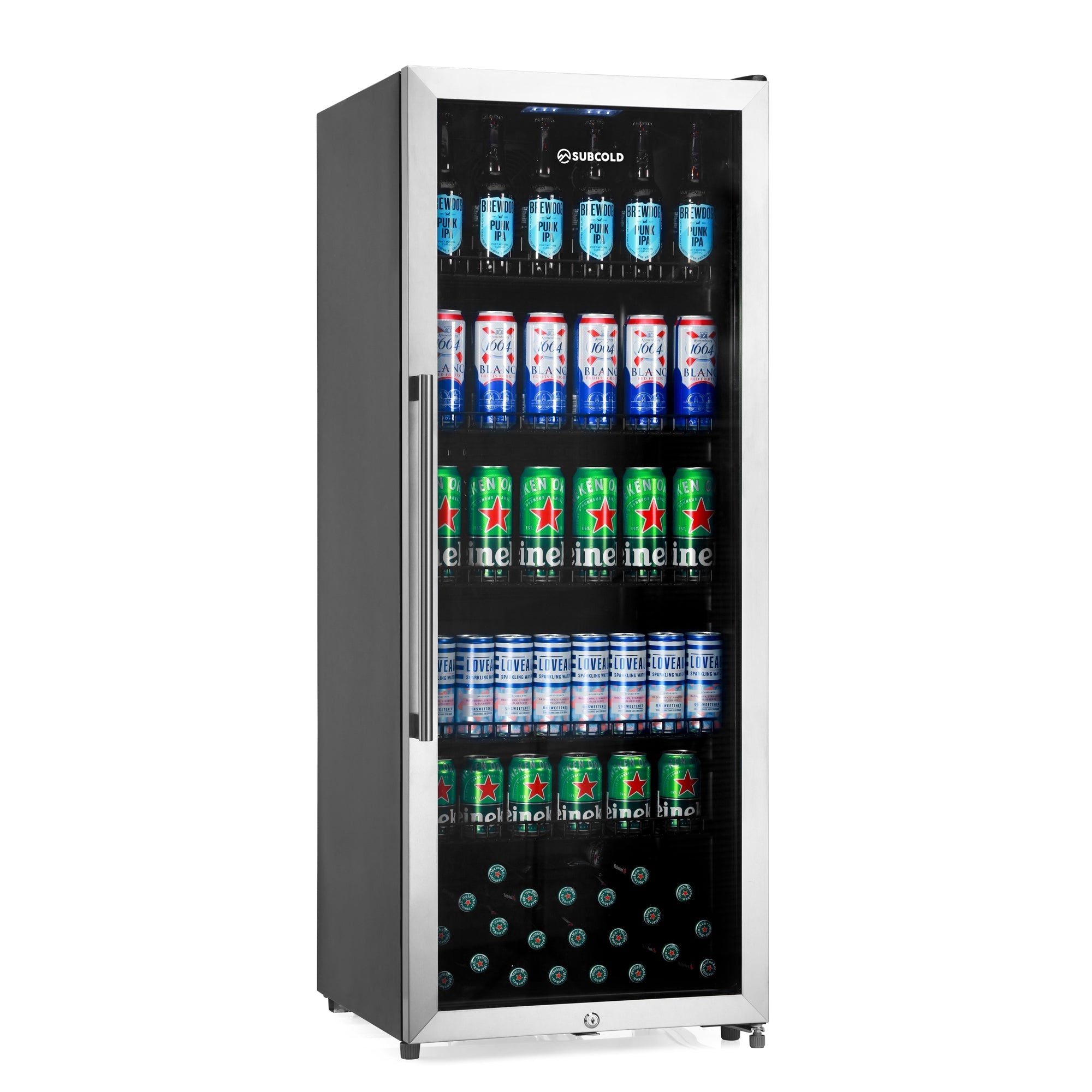 Silver framed tall drinks fridge subcold maxi250led stainless steel with glass door displaying beer cans and bottles