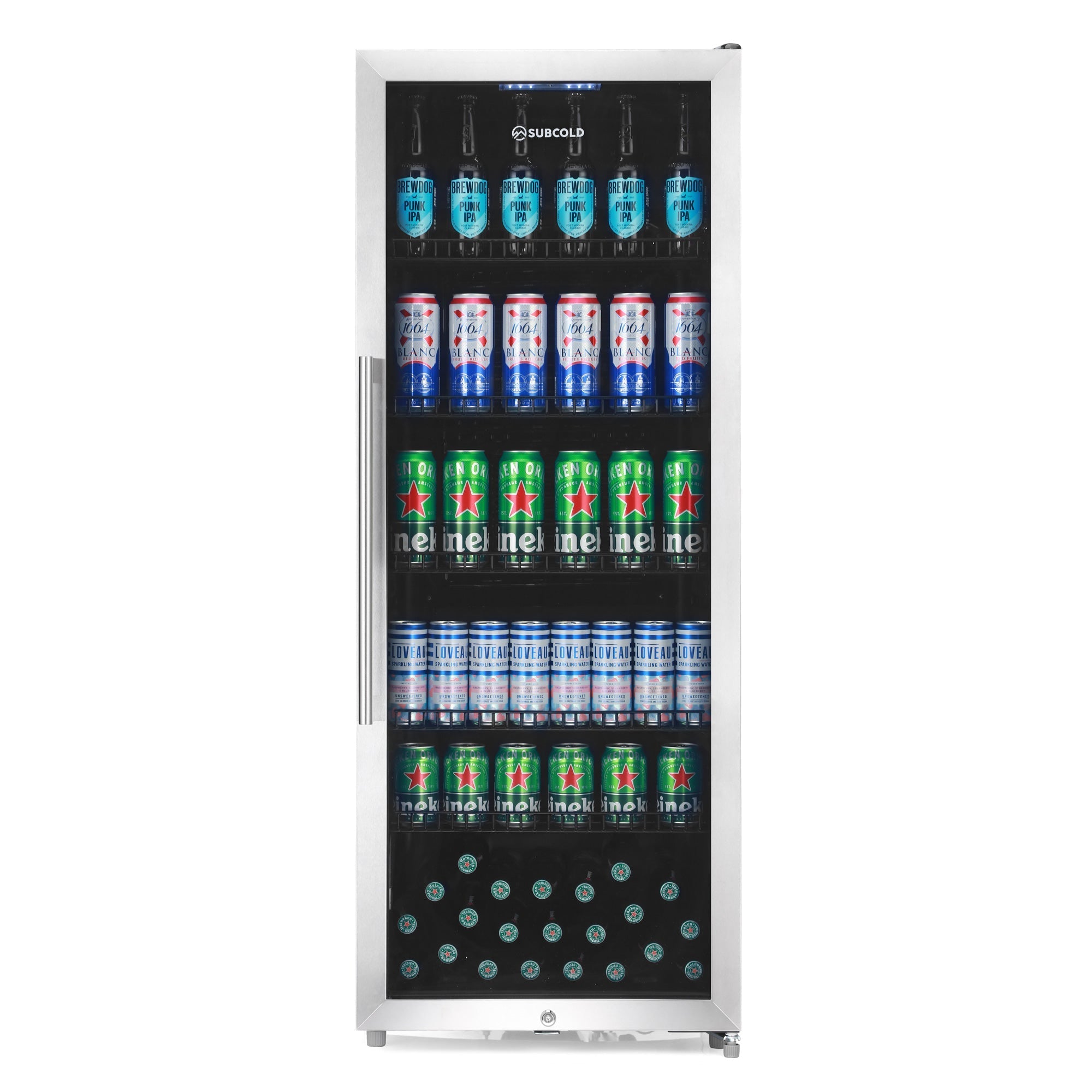 Silver-framed maxi250led tall drinks fridge with glass door stocked with assorted beer in stainless steel subcold maxi250 tall drinks fridge